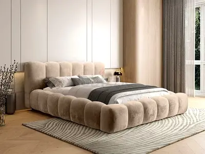 Plush Beige Upholstered Low Platform Bed with Padded Headboard