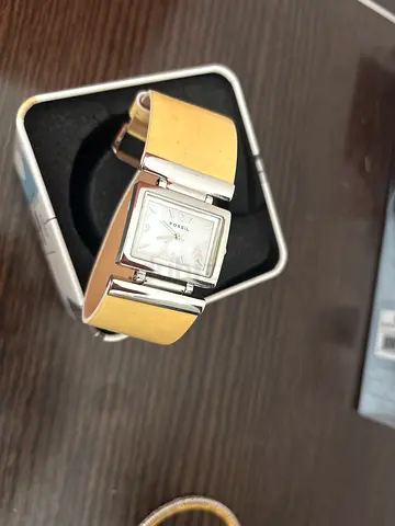 Fossil Ladies Silver Square Dial Cuff Watch with Beige Leather Band
