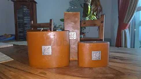 3-Piece Zen Pillar Candle Set – Amber / Ocre Wax with Metal Emblems