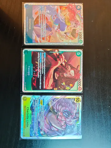 Set of 3 Holographic OP-17 Trading Cards (Glorioso, Yasopp, Charlotte Linlin) - Mint