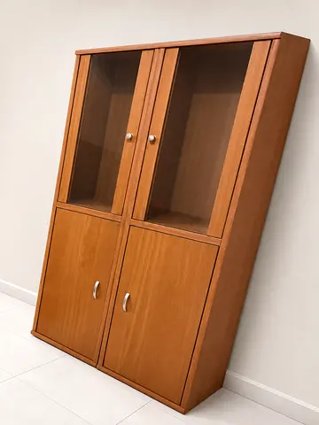 TALL WOODEN DISPLAY CABINET & BOOKCASE WITH GLASS DOORS – LIKE NEW