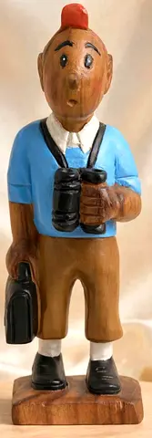 Beautiful brand new hand carved wooden tintin with briefcase and binocular for sale