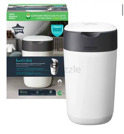 Tommee Tippee Sangenic Twist & Click Nappy Bin (White/black) - Almost New with 1 Refill Casette