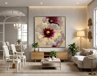 Framed Large Floral Oil Painting - Signed Contemporary Bloom (125 x 125 cm)