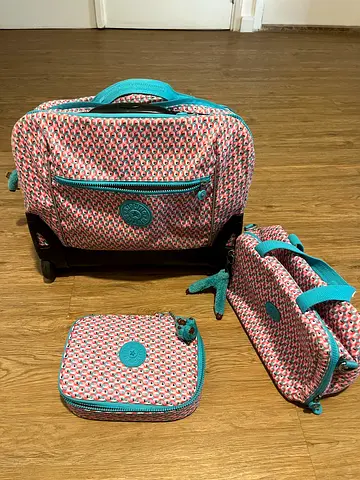 Kids' Pink Patterned Kipling Rolling Backpack with Matching Pencil Case & Lunch Bag
