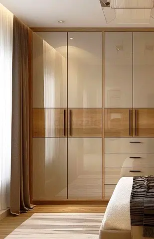 Large Glossy Built-in Wardrobe with Wood Accents - Custom made wardrobe for sale