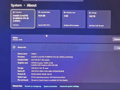 Dell Precision 5540 laptop with 4k display. 60GB RaM. 2 TB  SSD