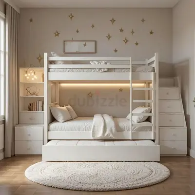 White wooden bunk bed with storage staircase