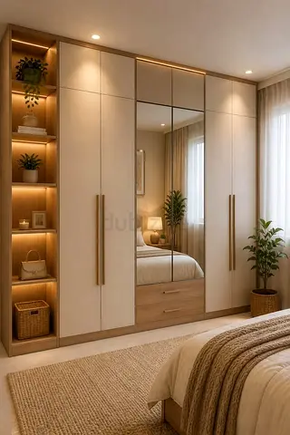 6‑door built‑in wardrobe with mirrored center and open shelving