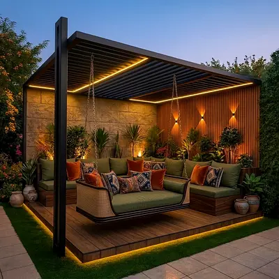 Outdoor pergola seating set with built-in platform and LED lighting