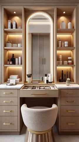 Wooden Built-in Vanity Dressing Table with Mirror and Lighting
