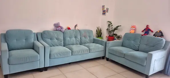 Light blue 3-piece sofa set (3-seater, 2-seater, single) - good condition