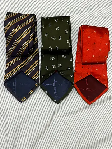 Set of 3 Salvatore Ferragamo Men's Ties — Orange, Green Floral, Navy Striped