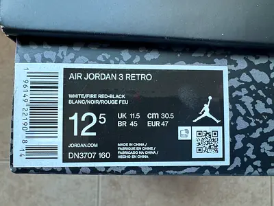 Air Jordan 3 Retro - Size 12.5 (UK 11.5) - White/Fire Red-Black