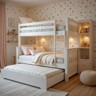 White Wooden Triple Bunk Bed with Trundle