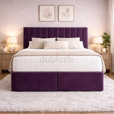 Modern Purple Upholstered Bed Frame with Fluted Headboard