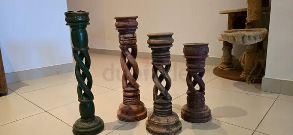 Set of 3 Rustic Hand-Carved Wooden Candle Holders + 1 Bonus Matching Piece