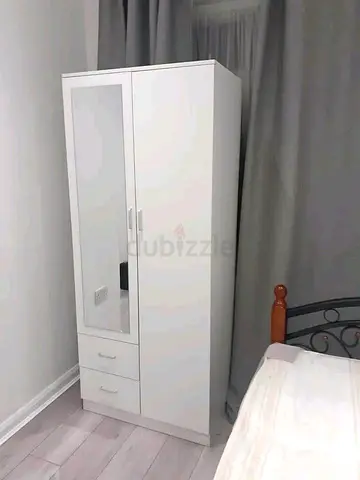 Title: White 2-Door Wardrobe with Mirror & 2 Drawers