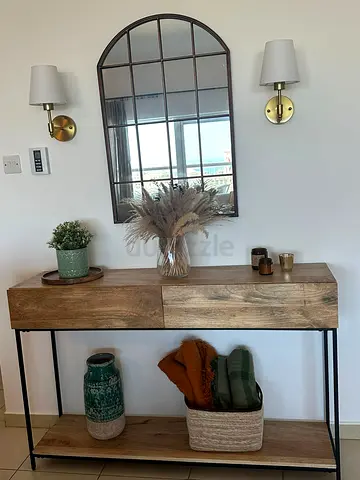 HomeKode Console Table, Mango Wood & Black Metal, 2 Drawers, Like New