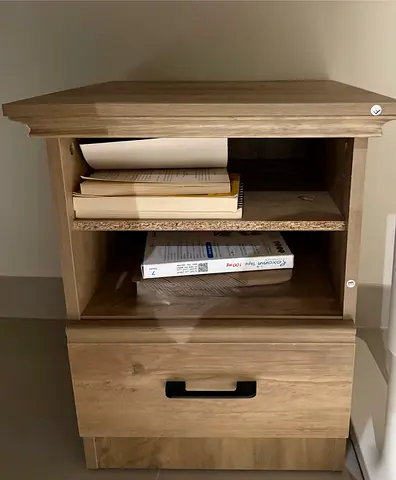 Wooden bedside table with drawer and open shelves - light oak finish