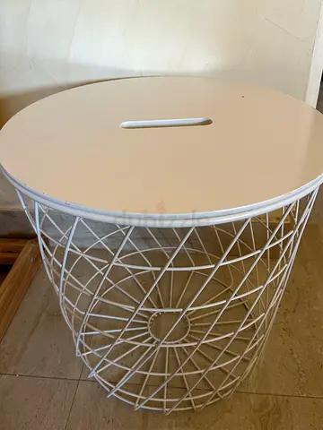 White wire basket side table/ chair with removable top for storage/ towels.