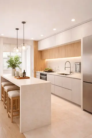 Modern minimal kitchen with island and stools - neutral tones