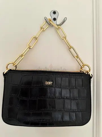 Black DKNY Croc-Embossed Leather Wristlet/Small Shoulder Bag