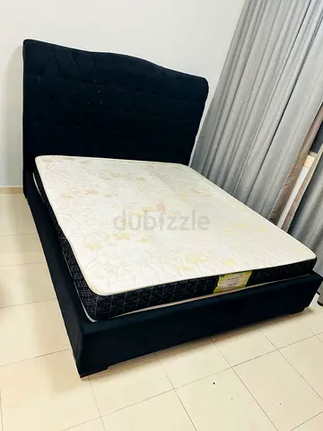 Queen upholstered bed frame with mattress - dark blue, good condition