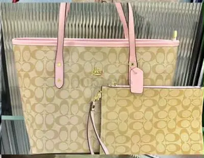 Coach Signature Canvas Tote with Matching Wristlet - Beige & Pink