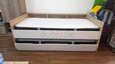 Wooden Daybed with Trundle and Two Mattresses - Good Condition