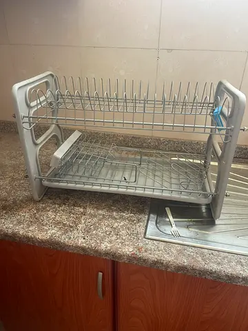 Two-tier stainless steel dish drying rack with utensil holder