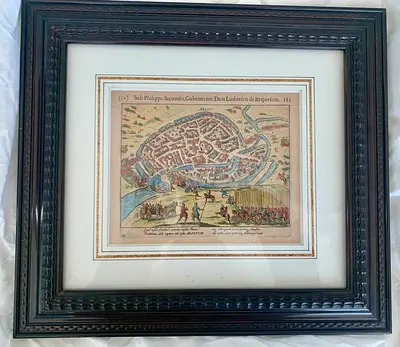 Framed Antique Map Print in Decorative Wooden Frame. 17th century European.