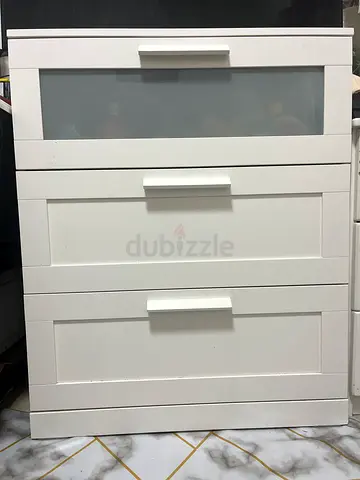White 3-Drawer Chest with Glass Panel Door - Good Condition