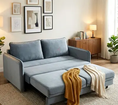 Compact Light Grey Convertible Sofa Bed with Ottoman