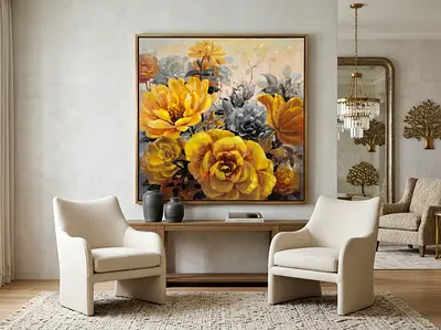 Signed original Artwork Floral Painting with Yellow Roses — Large (100 x 100 cm)