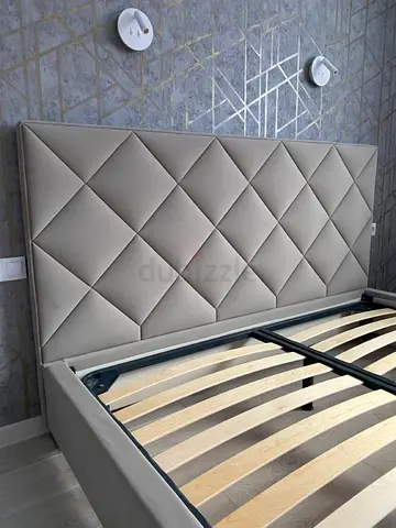 Queen upholstered bed frame with padded headboard - light grey