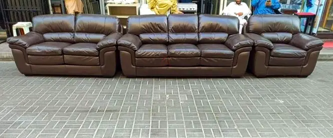 3-piece Brown Leather Sofa Set — 3-seater, 2-seater and Armchair (Good Condition)