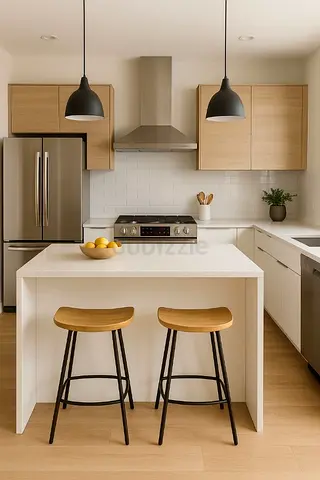Modern kitchen island with two wooden bar stools