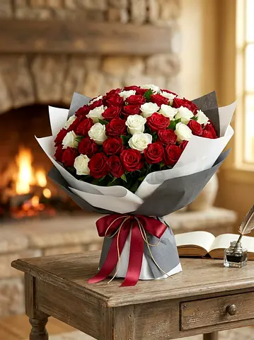 100 Fresh Red & White Roses Bouquet – Premium Gift Wrap + FREE Delivery