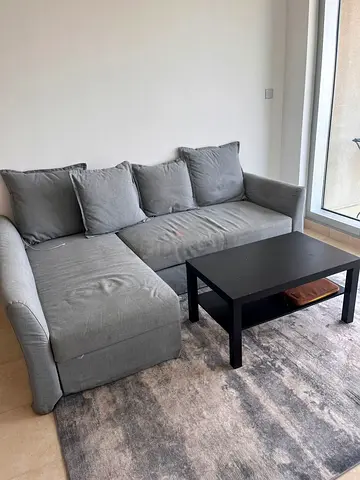Grey L-Shaped Sofa Bed with Black Coffee Table and Area Rug Set
