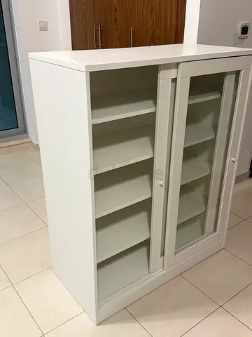 Shoe Cabinet with sliding glass doors and multiple shelves