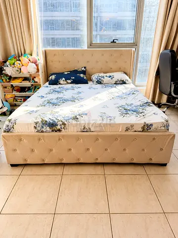 Queen upholstered bed frame, beige, good condition with mattress