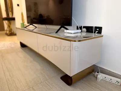 Modern White Gloss TV Cabinet with Gold Accents – Like New