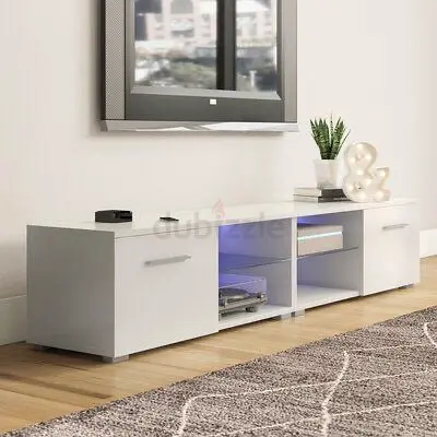 Low white TV cabinet / entertainment unit with storage
