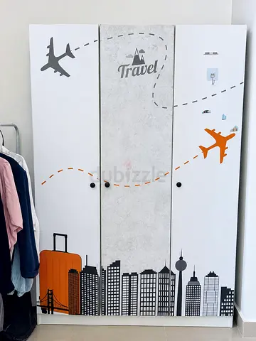 3-Door Travel-Themed Wardrobe/Armoire — White with City/Plane Decal
