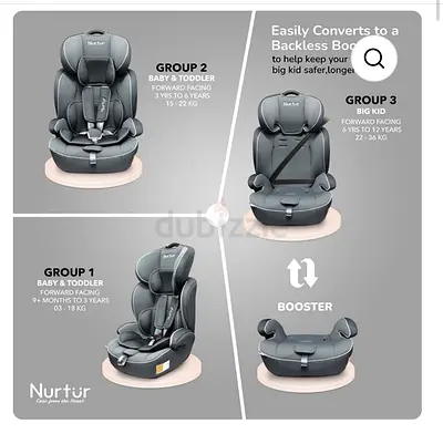 Nurtur 4-in-1 Convertible Child Car Seat (Group 1/2/3 + Booster) - Grey