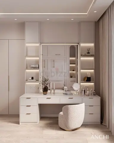Modern built-in vanity dressing table with mirror and storage
