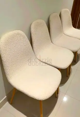 Set of 3 Modern Upholstered Dining Chairs - Cream Bouclé, Wooden Legs
