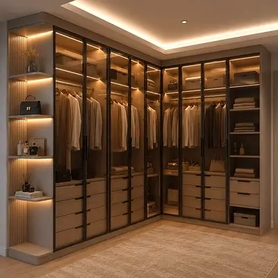 L-shaped Walk-in Wardrobe with Glass Doors & LED Lighting