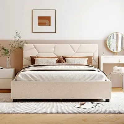 Beige Upholstered Double Bed